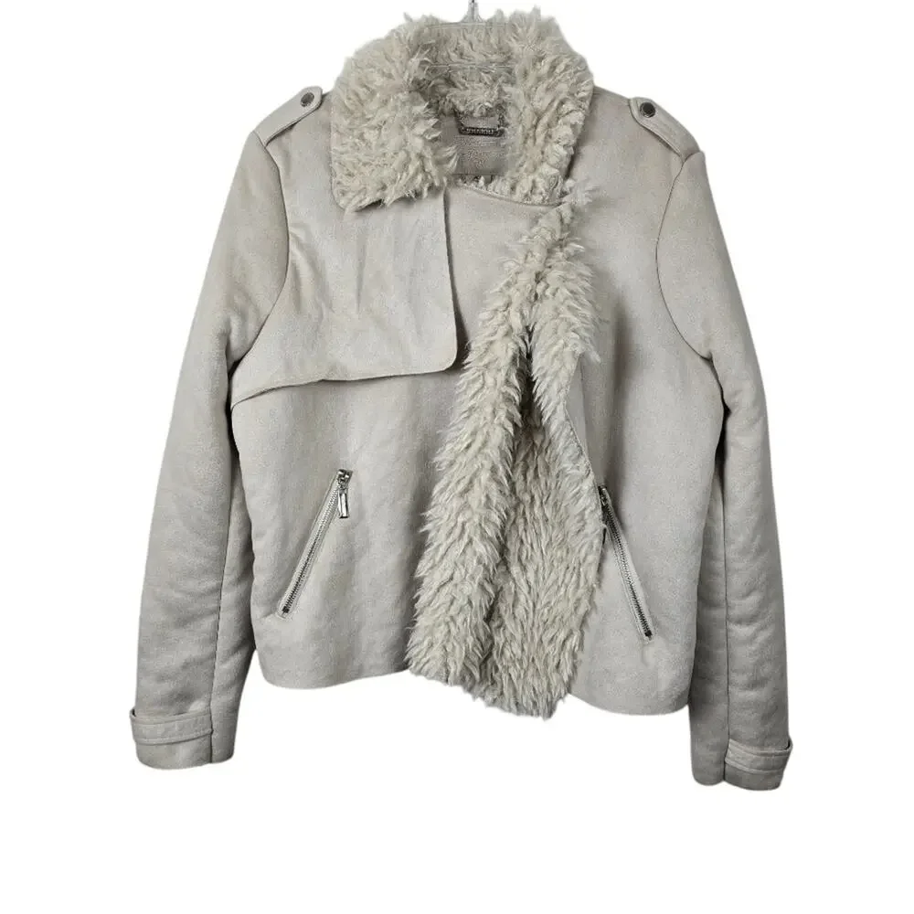 Y2K Women’s XL Faux Shearling Moto Jacket Cream Beige Cozy Winter Biker Coat